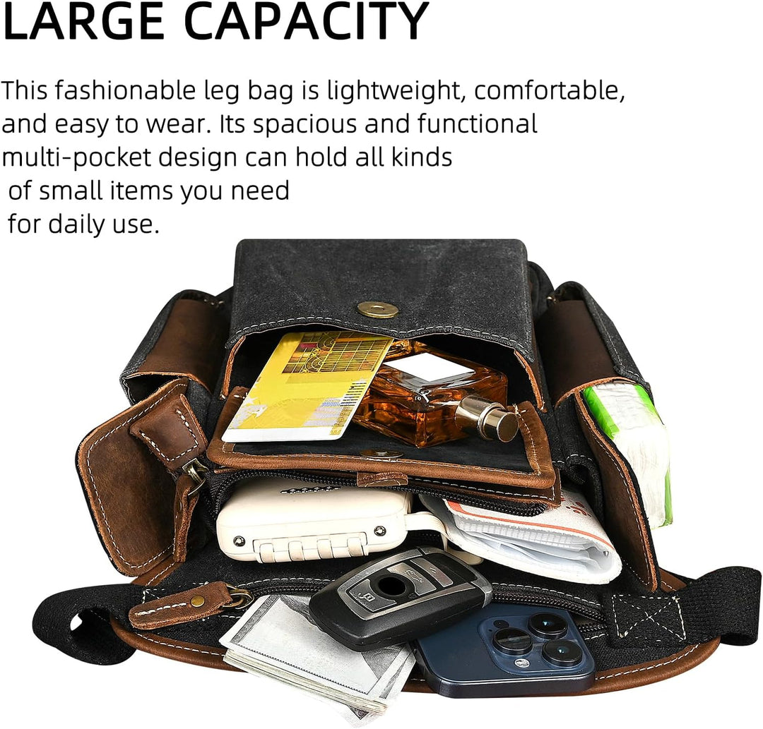 Herren Canvas + Leder Motorrad Reiten Tasche Beinbeutel Beintasche Aussenbeintasche Hüfttasche Drop