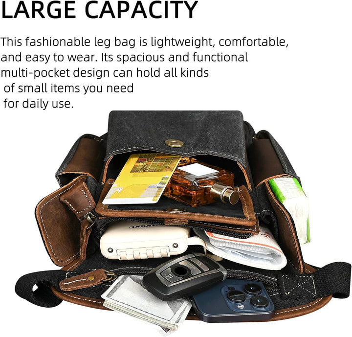 Herren Canvas + Leder Motorrad Reiten Tasche Beinbeutel Beintasche Aussenbeintasche Hüfttasche Drop