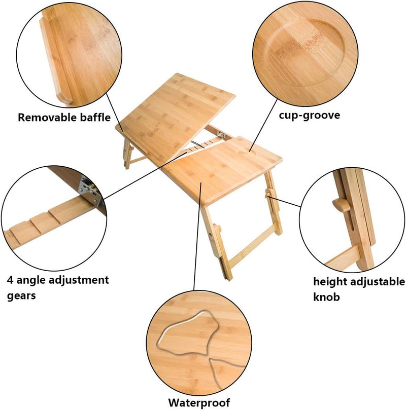 KKTONER Laptoptisch Laptopständer höhenverstellbar Bed Tablett 55x35cm faltbar aus Bambus Gelb-1, Ge
