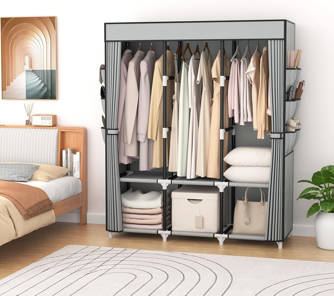 Kleiderschrank, Stoffschrank, Kleiderschränke mit Abdeckung, 3 Kleiderstangen, 6 Ablageflächen und S
