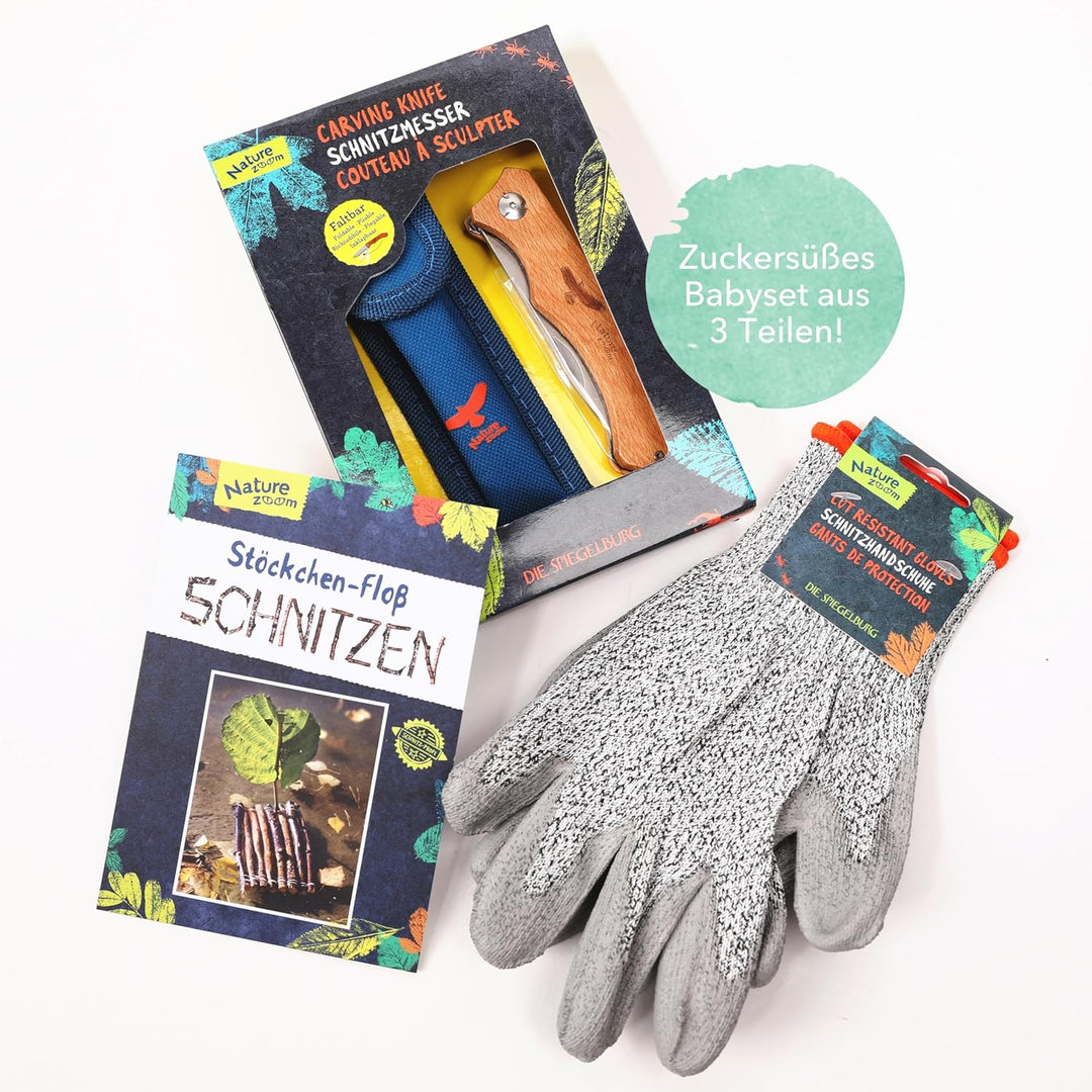 Taschenmesser für Kinder ab 6 Jahren, mit Schnitzhandschuhe & Bastelbuch Anleitung für Schnitzprojek
