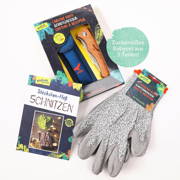 Taschenmesser für Kinder ab 6 Jahren, mit Schnitzhandschuhe & Bastelbuch Anleitung für Schnitzprojek
