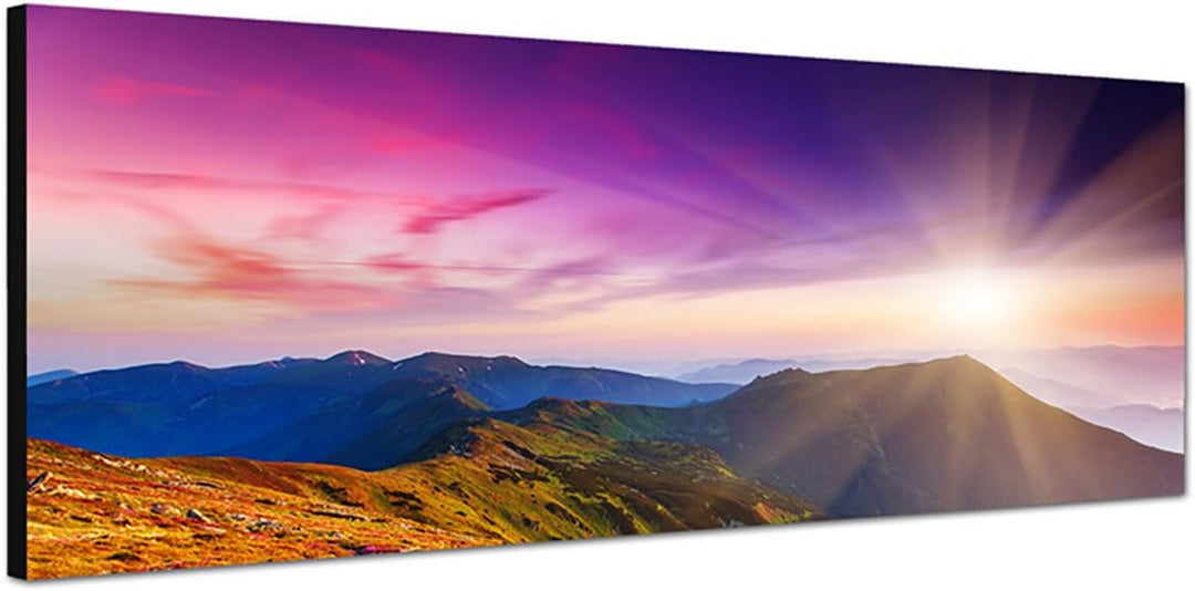 Paul Sinus Art Panoramabild auf Leinwand und Keilrahmen 150x50cm Blumenwiese Ukraine Berge Abendsonn