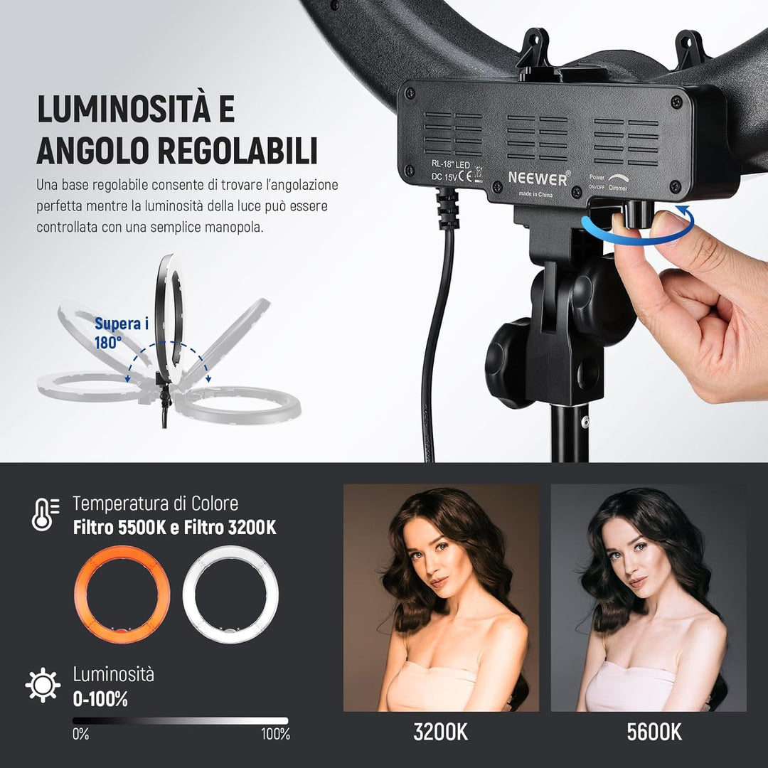 NEEWER Ringlicht mit Stativ Set: 18 Zoll/45cm Aussen 55W 5600K Dimmbare LED Ringleuchte mit Bluetoot