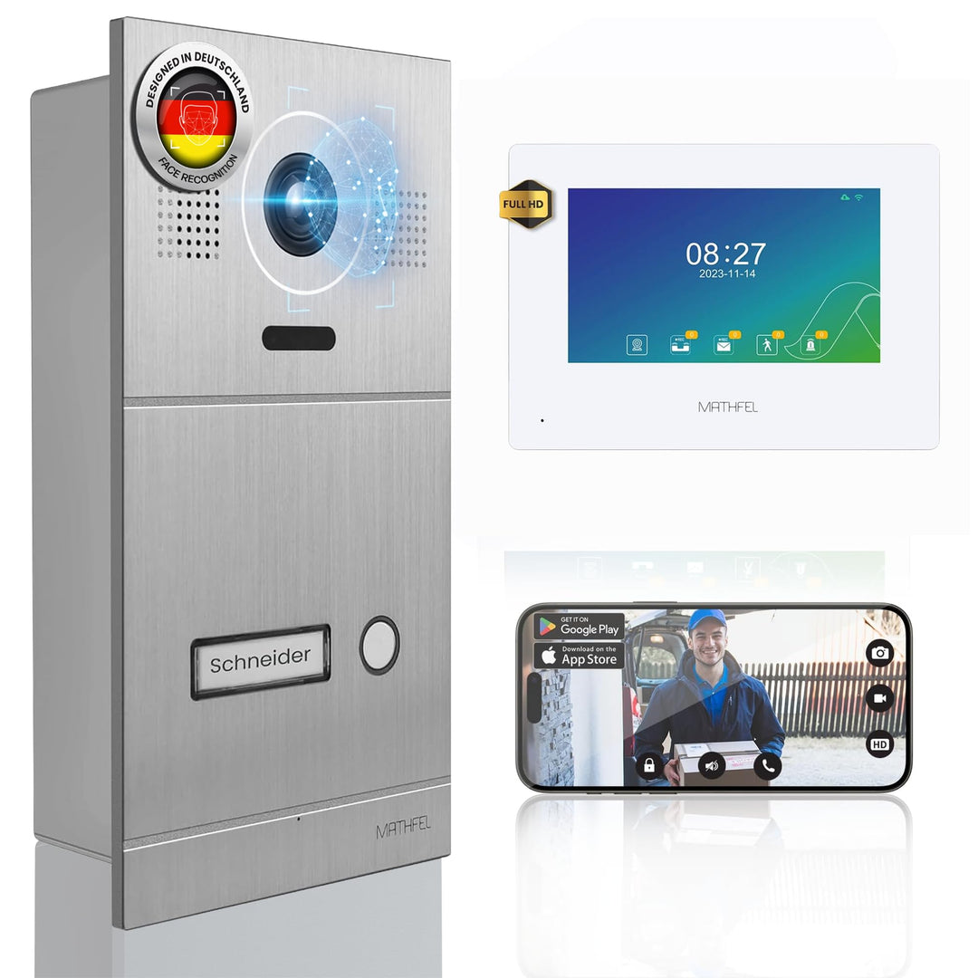 Mathfel 2-Draht IP Video-Türsprechanlage mit Türöffner – Full-HD Kamera, 7" Monitor & App-Steuerung