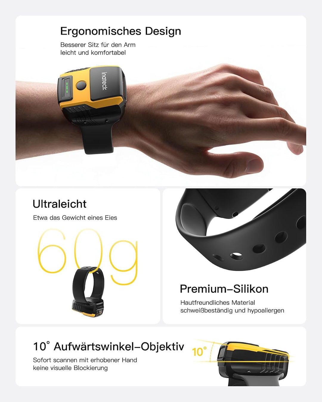 Inateck Barcode Scanner Kabellos Armbanduhr-Stil, 1D 2D QR, Bluetooth, USBC | Ultraleichter, Sprachs