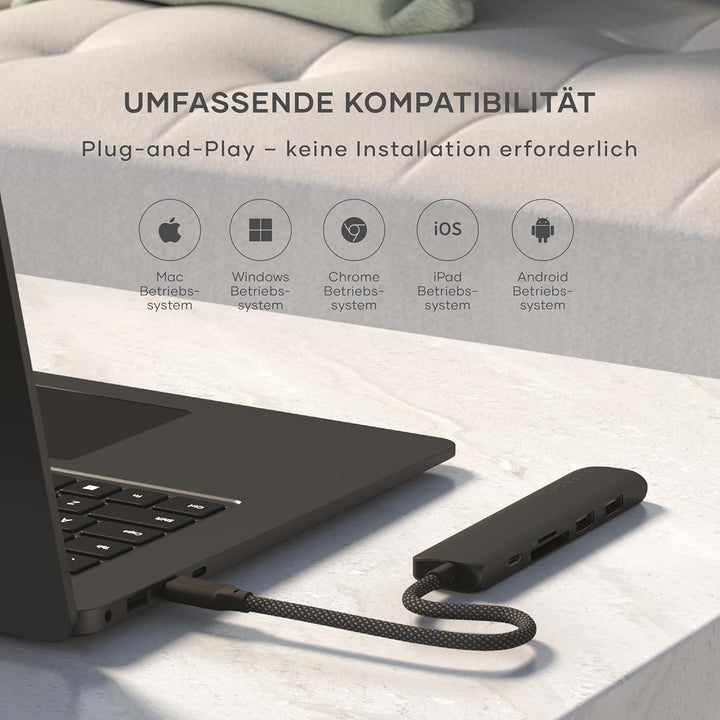 SATECHI 6-in-1 USB-C Hub Slim Plus, HDMI 4K mit 60Hz, 100W PD, 2X USB-A, SD/MicroSD – Für MacBook Ai