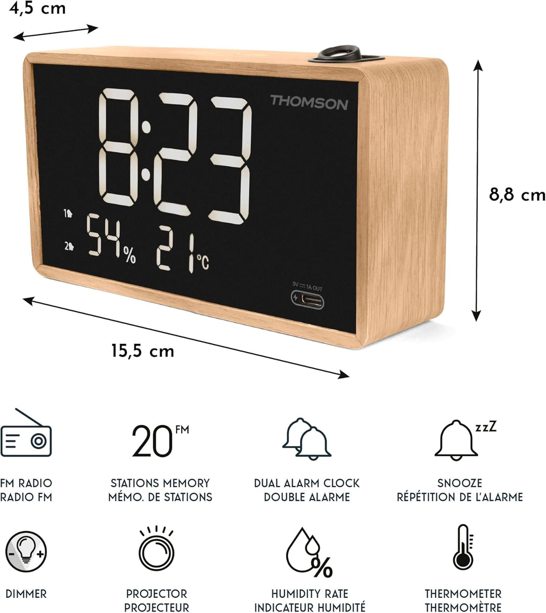 THOMSON Radiowecker mit Projektor, Decke, doppelter Alarm, Anzeige von Temperatur und Luftfeuchtigke