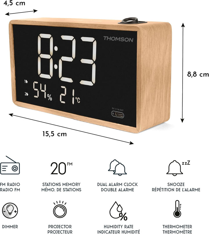THOMSON Radiowecker mit Projektor, Decke, doppelter Alarm, Anzeige von Temperatur und Luftfeuchtigke