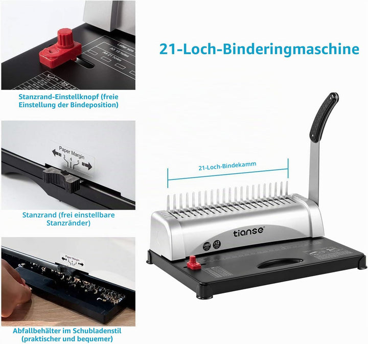 TIANSE Bindemaschine, Bindegeräte, 21-Loch, 450 Blatt, Spiralbindung Maschine mit Starter Kit 100 PC