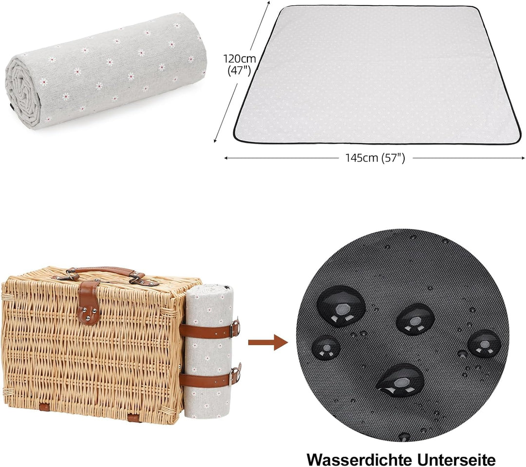 Picknickkorb für 2 Personen, Picknickkorb-Set mit Kühlfach und wasserdichte Picknickdecke, Besteck S