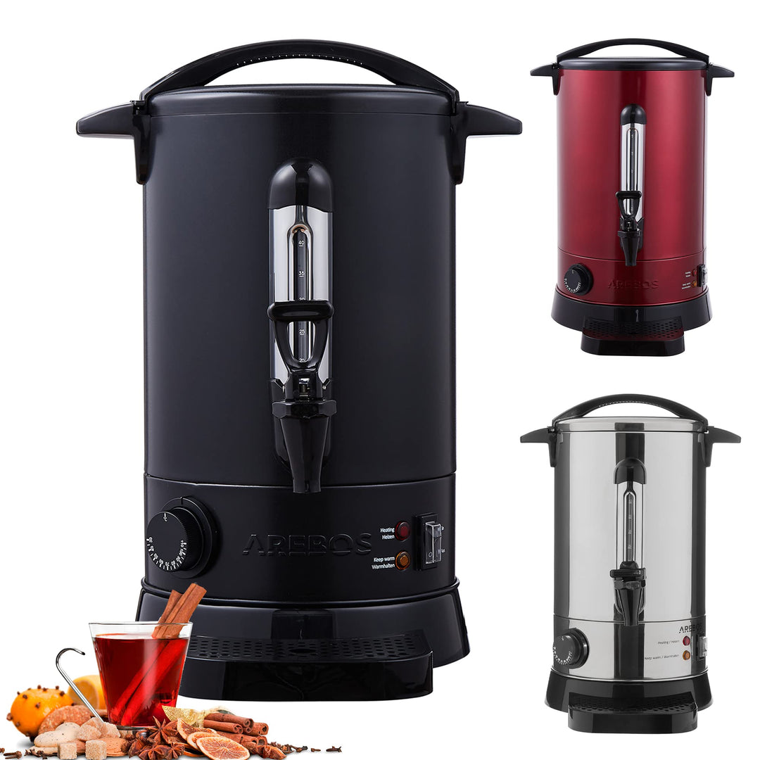 Arebos Glühweinkocher 950 W | Heissgetränkespender | 8,8 L | mit Auffangschale, Auslasshahn, Thermos