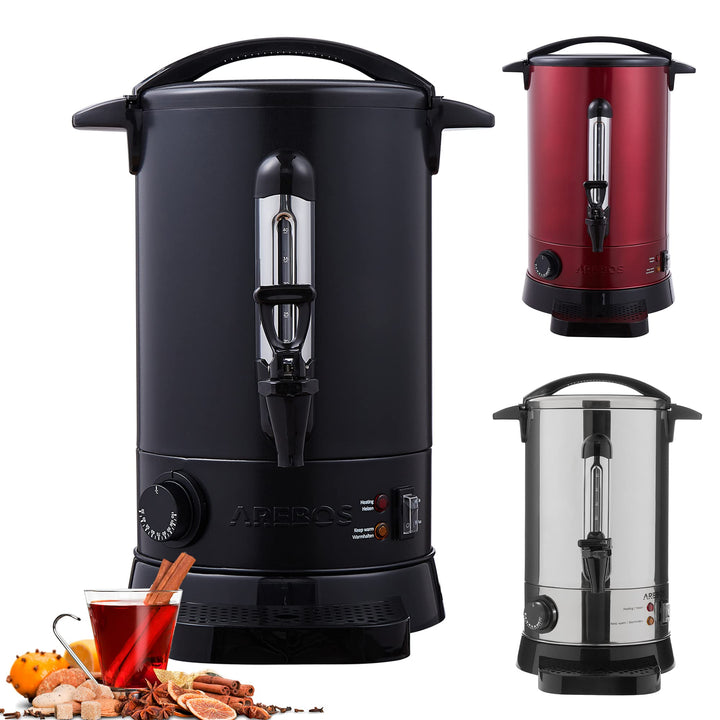 Arebos Glühweinkocher 950 W | Heissgetränkespender | 8,8 L | mit Auffangschale, Auslasshahn, Thermos