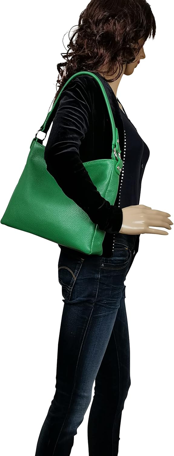 AmbraModa GL35 - Damen Handtasche Schultertasche Umhängetasche aus genarbtem Rindsleder Avocadogrün,