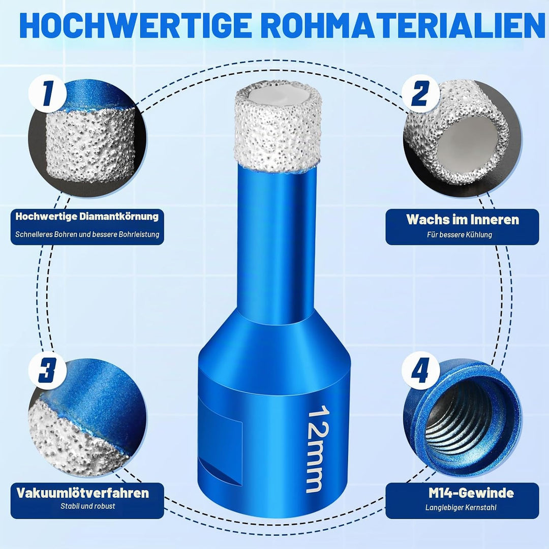 Diamant Fliesenbohrer 6mm, 4 Stück M14 Fliesenbohrer 6/8/10/12mm + 6 Stück M6 Sechskantschaft Diaman