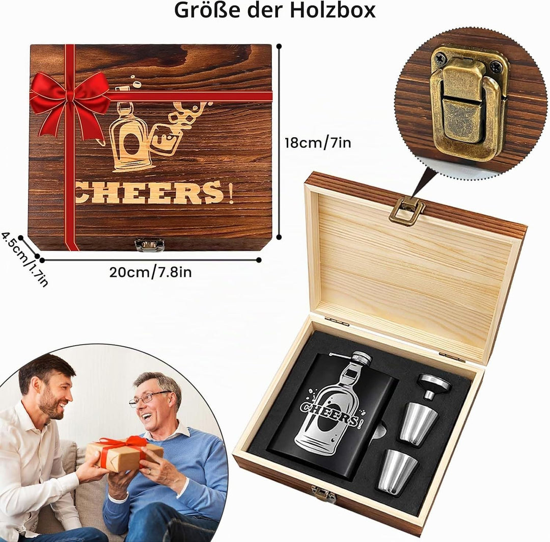 Daily Treasures Whisky-Geschenkset in Holzbox mit 236ml Edelstahlflasche, 2 Gläsern + Trichter | CHE