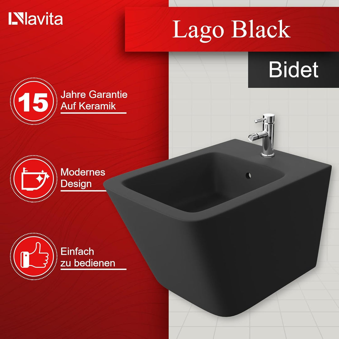 LAVITA Universal Wand-Bidet Lago Black mit Hahnloch und Überlaufschutz aus Keramik Sitzwaschbecken z