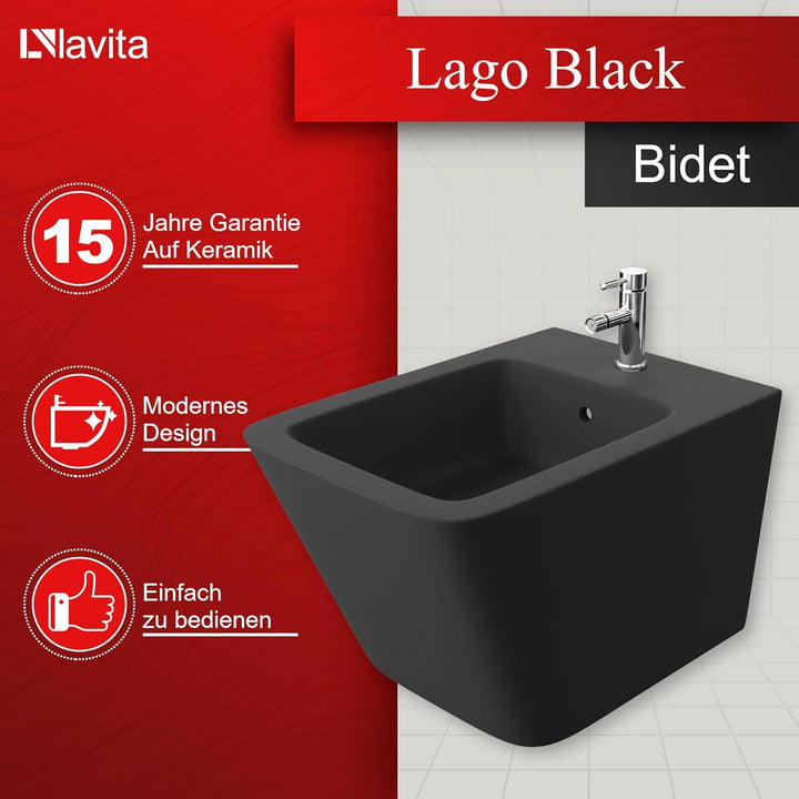 LAVITA Universal Wand-Bidet Lago Black mit Hahnloch und Überlaufschutz aus Keramik Sitzwaschbecken z