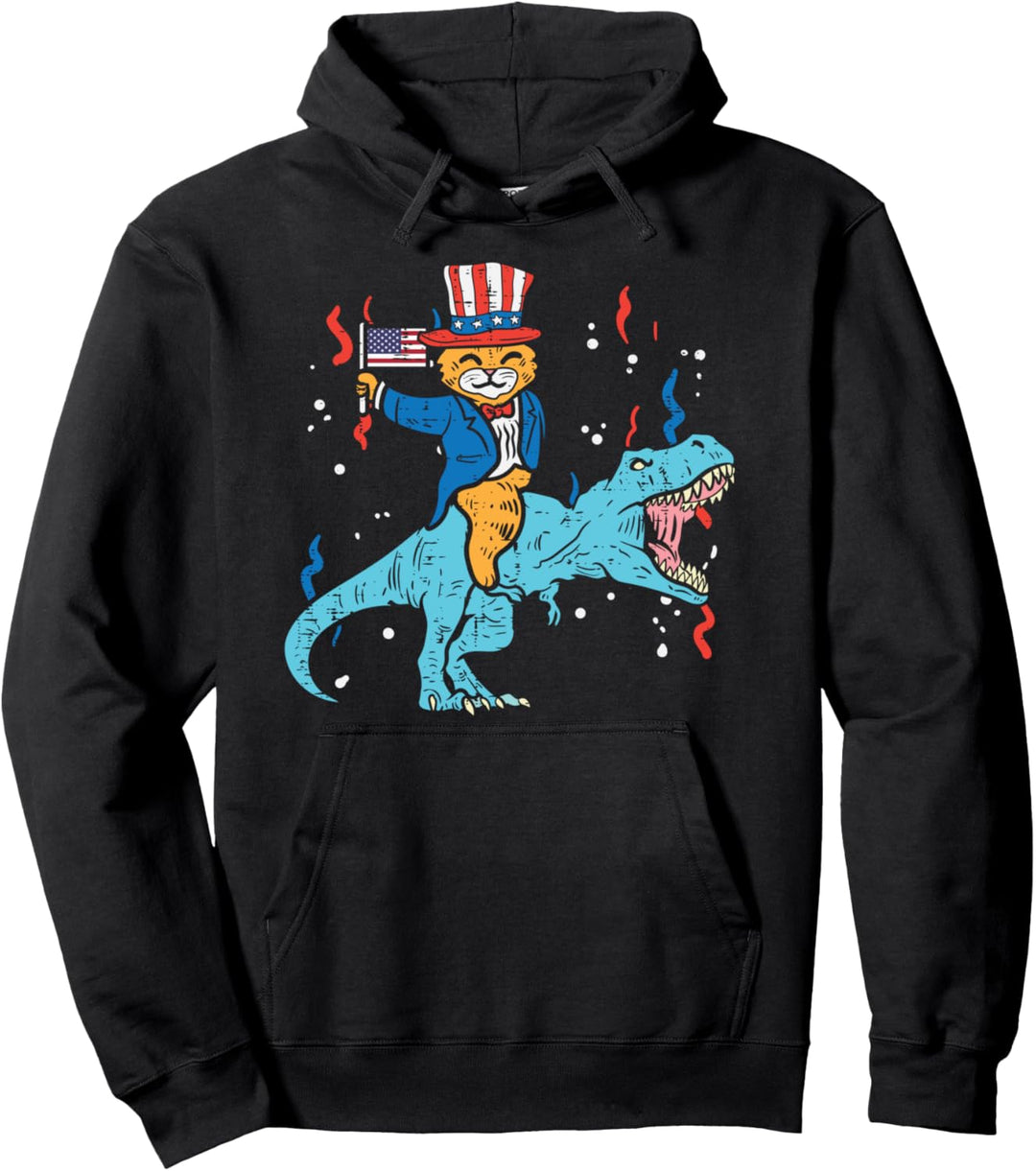 Cat T-Rex Dinosaur US American Flag 4th Of July Fourth Boys Pullover Hoodie