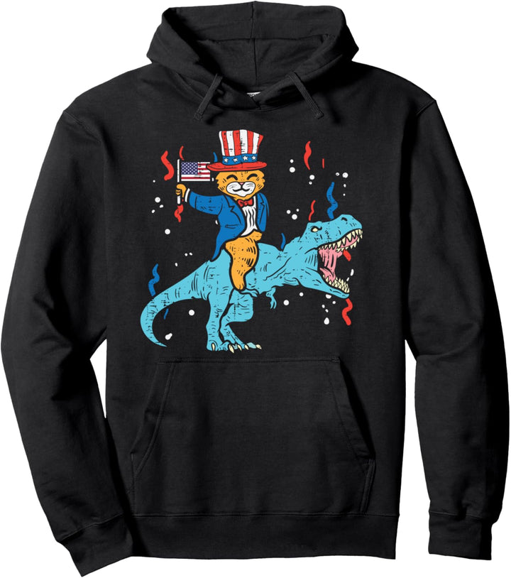 Cat T-Rex Dinosaur US American Flag 4th Of July Fourth Boys Pullover Hoodie