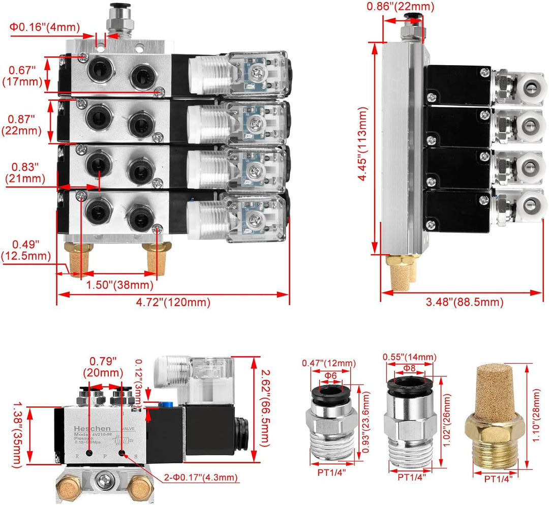 Heschen Elektrisches pneumatisches 4 Magnetventil 4V210-08 AC220V PT1/4 5-Wege 2 Positionen Krümmers
