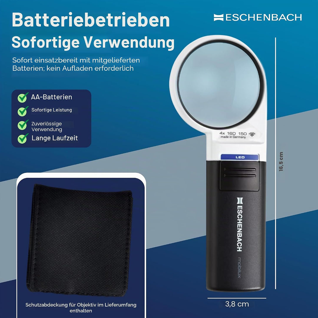 Eschenbach Optik Lupe Handlupe mit LED-Beleuchtung mobiluxLED Vergrösserung: 4x Linsengrösse: (Ø) 60