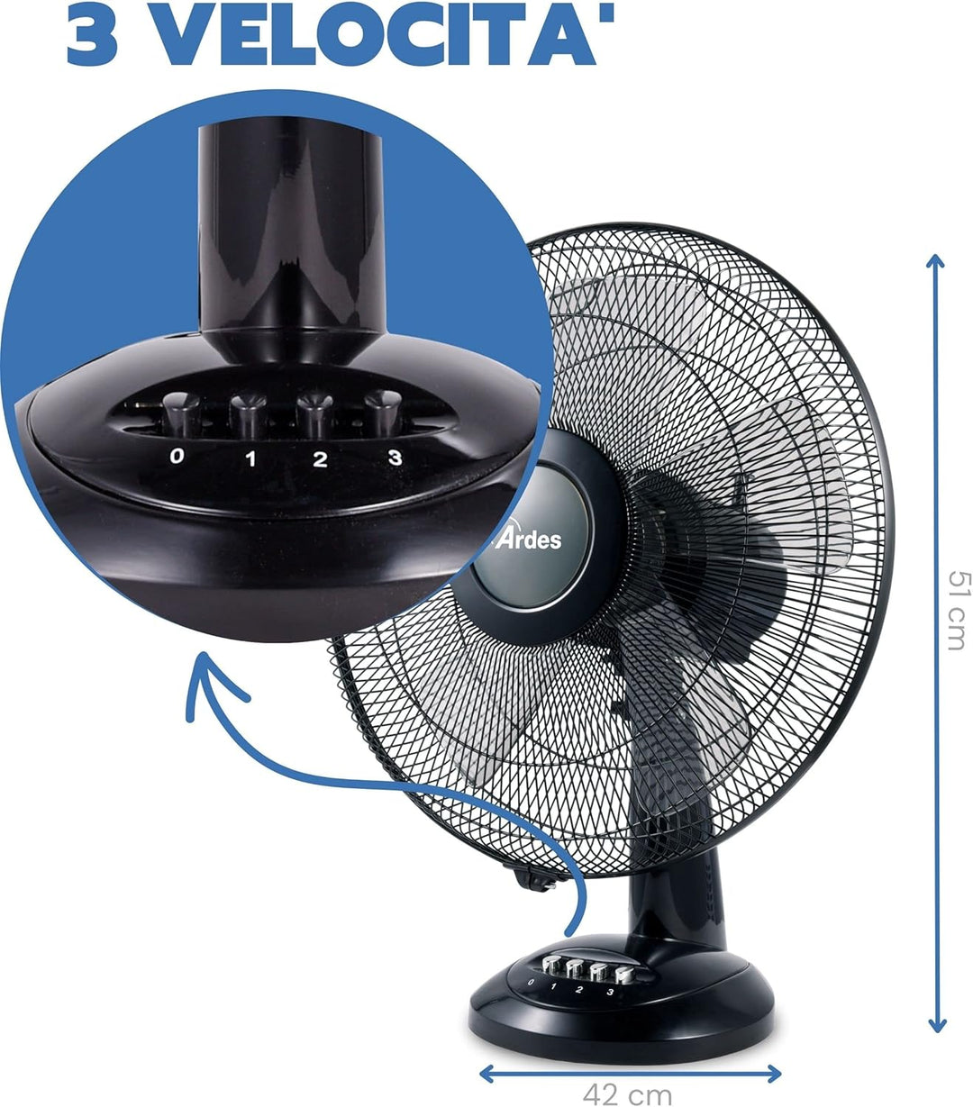 ARDES - Ardes-Tischventilator, 40 cm, 5 Flügel, oszillierend, Total Black, Ardes-Ventilator, 3 Gesch