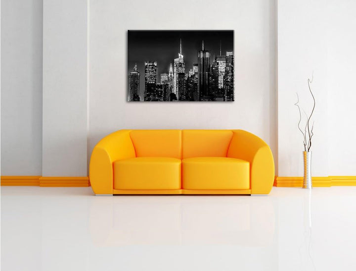 Pixxprint New York von Oben schwarz weiss / 100x70cm Leinwandbild bespannt auf Holzrahmen/Wandbild K