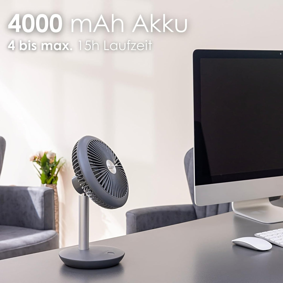 Tischventilator sehr leise | Kabellos | 4000 mAh Akku | Ventilator | 90° neigbar | Schreibtischventi