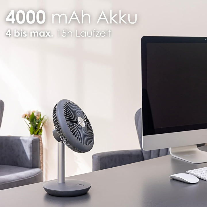 Tischventilator sehr leise | Kabellos | 4000 mAh Akku | Ventilator | 90° neigbar | Schreibtischventi