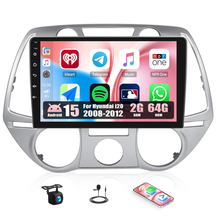 CAMECHO 2G+64G Android 15 Autoradio für Hyundai i20 2008-2012 mit Navi Wireless Carplay Android Auto