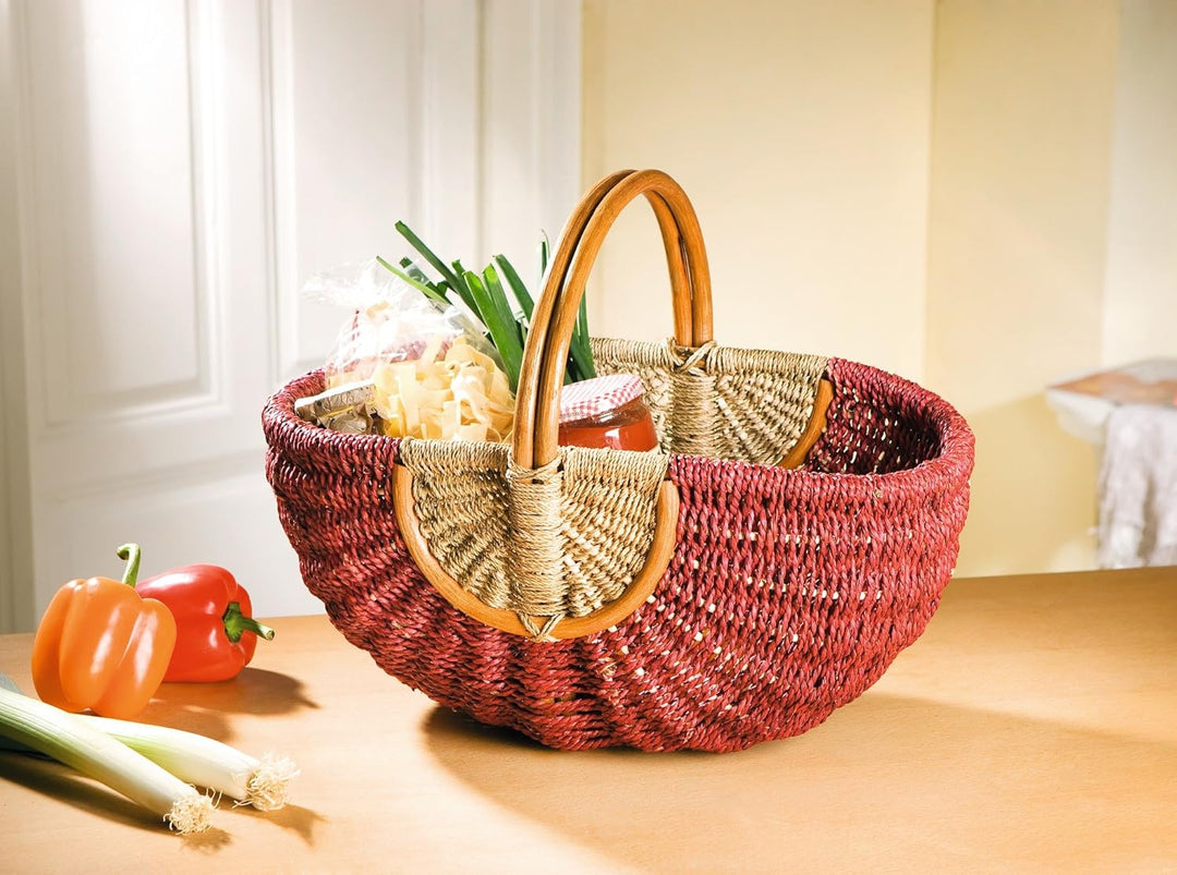 FRANK FLECHTWAREN Einkaufskorb "Rot/Natur", toller einkaufsbegleiter, Schönes Geschenk, Praktisch