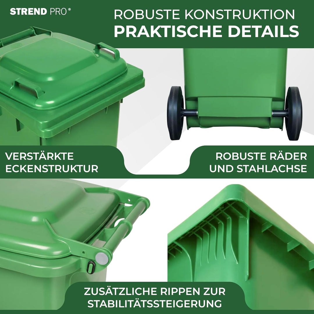 STREND PRO Mülltonne 120L Grün | Abfalltonne für Gartenabfall, Papier & Glas | Mülleimer mit Deckel