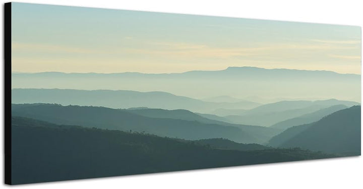 Paul Sinus Art Panoramabild auf Leinwand und Keilrahmen 150x50cm Berge Wald Nebel Dämmerung
