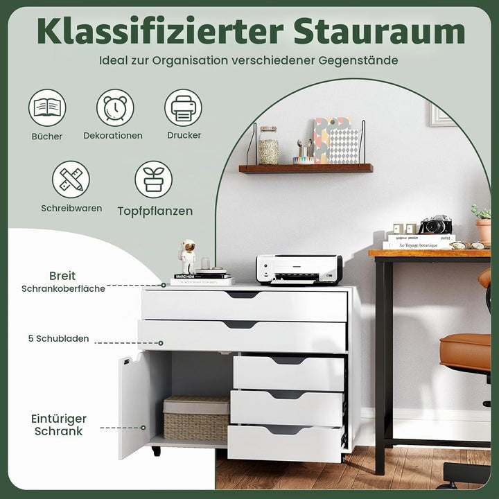 GIANTEX Rollcontainer mit 5 Schubladen &amp; 1 Schrank, mobiler Aktenschrank mit 5 Rollen, Schubladensch