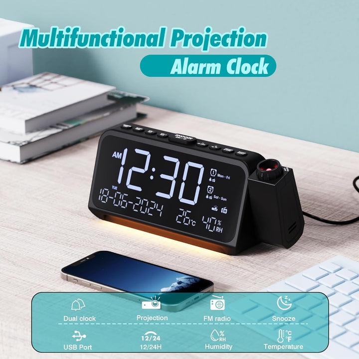 Mesqool Radiowecker mit 320° Projektor, Digitaluhr für Schlafzimmer, USB/Type-C-Anschluss, Doppelala