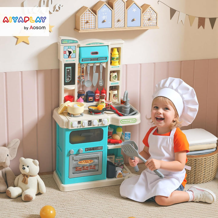 AIYAPLAY Kinderküche Spielküche mit Ofen Spüle Licht-und Soundfunktion und Zubehör Spielzeugküche Pu