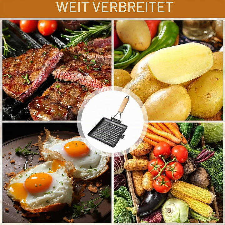 Steakpfanne Gusseisen 20x20cm, Grillpfanne Induktion mit Klappbarem Holzgriff, Viereckige Grillplatt