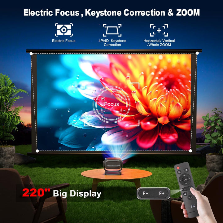 Beamer 4K,Elektrischer Fokus/Trapezkorrektur,26000 Lumen,Tragbarer Outdoor Beamer mit WiFi 6 und BT5