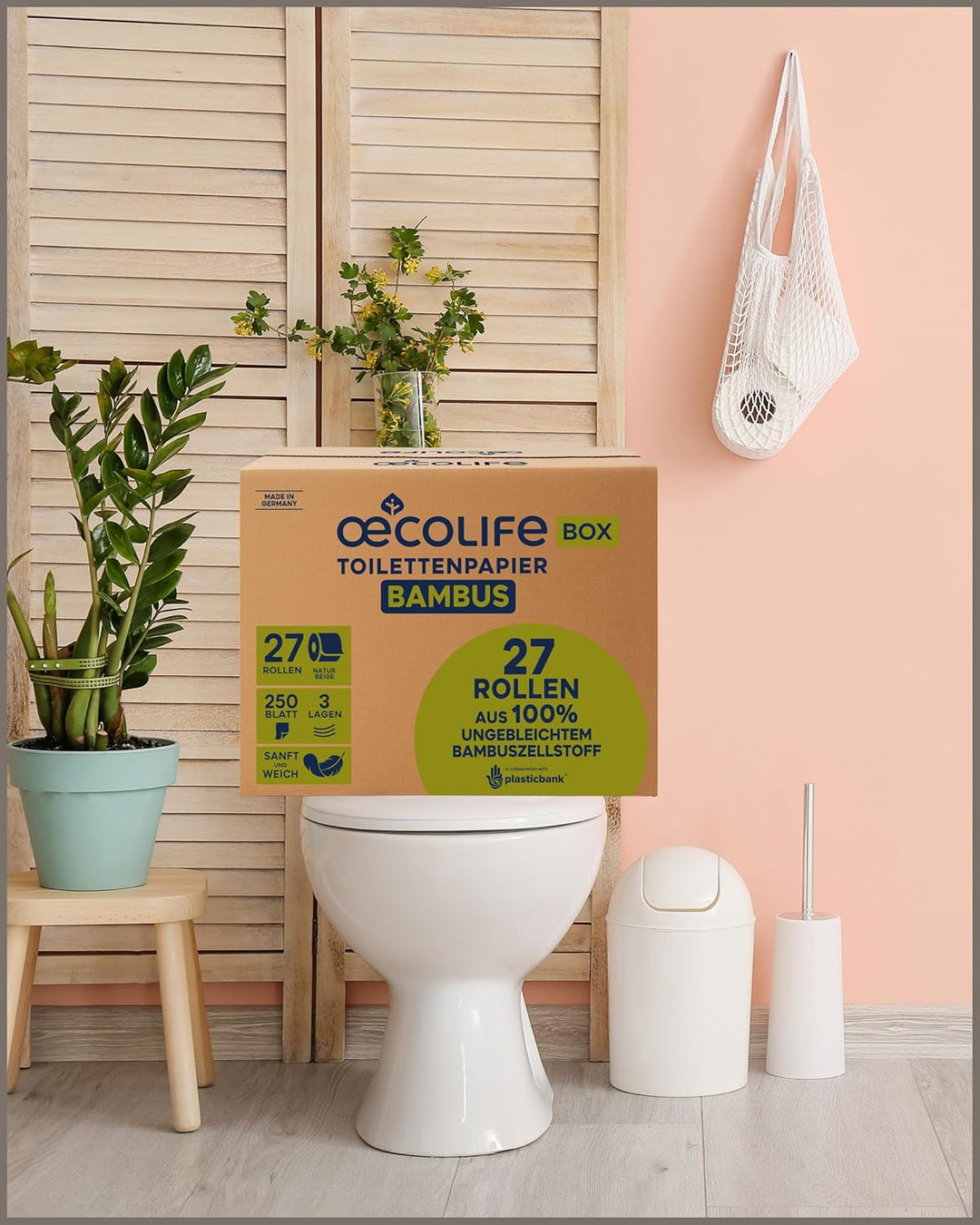 oecolife Toilettenpapier Box BAMBUS, 3-lagig, 27 Rollen á 250 Blatt, Grosspackung, superweich, plast