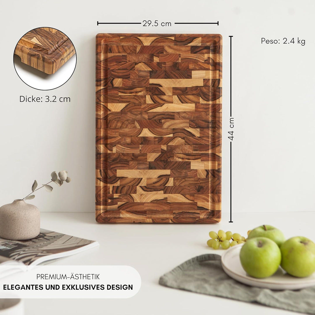 Erreke Schneidebrett Holz Gross mit Auffangschale, End Grain Natur-Teakholz 44cm Lang, Dicke 3.2 cm,