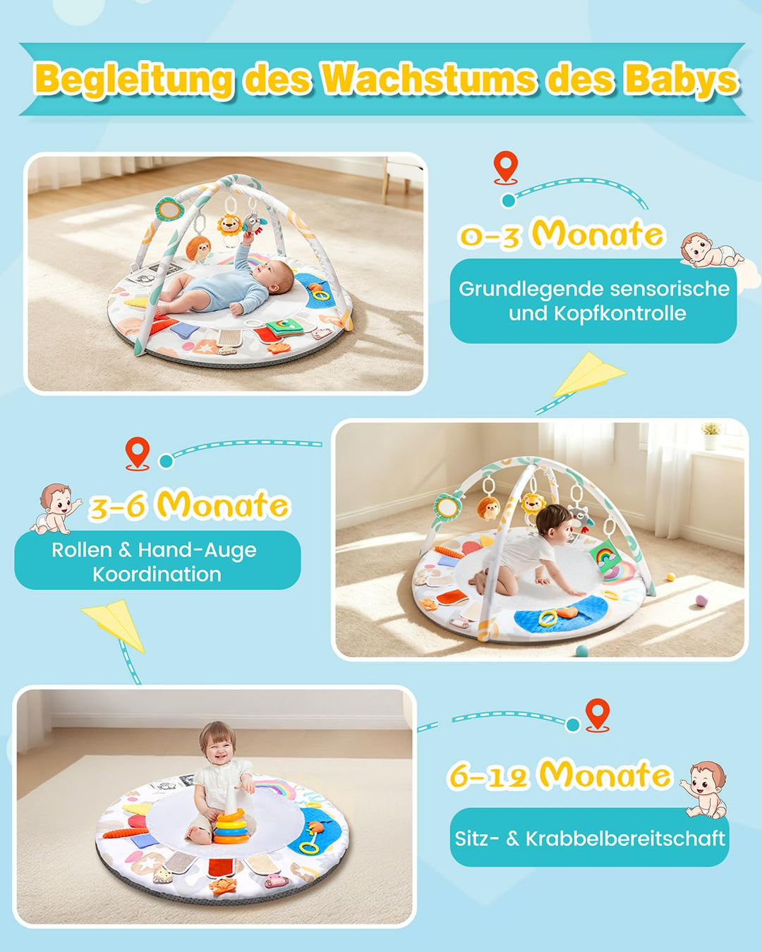 Spielbogen Baby mit 5 Greiflingen | Krabbeldecke für baby ab Geburt | Montessori Spielmatte Grauweis