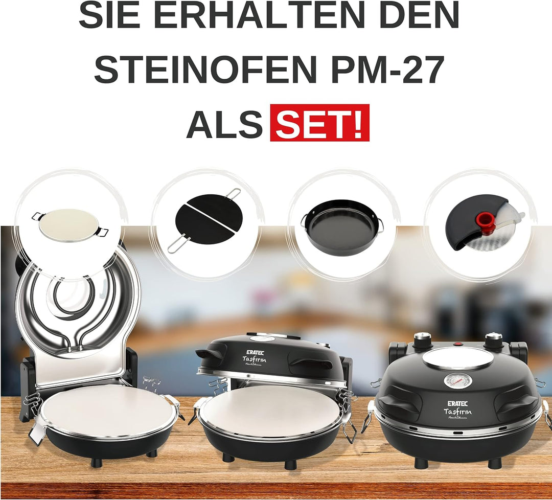 ERATEC - Steinofen SET PM-27. Elektischer Pizzaofen für innen & aussen. Tisch-Ofen bis zu 400°C, Pla