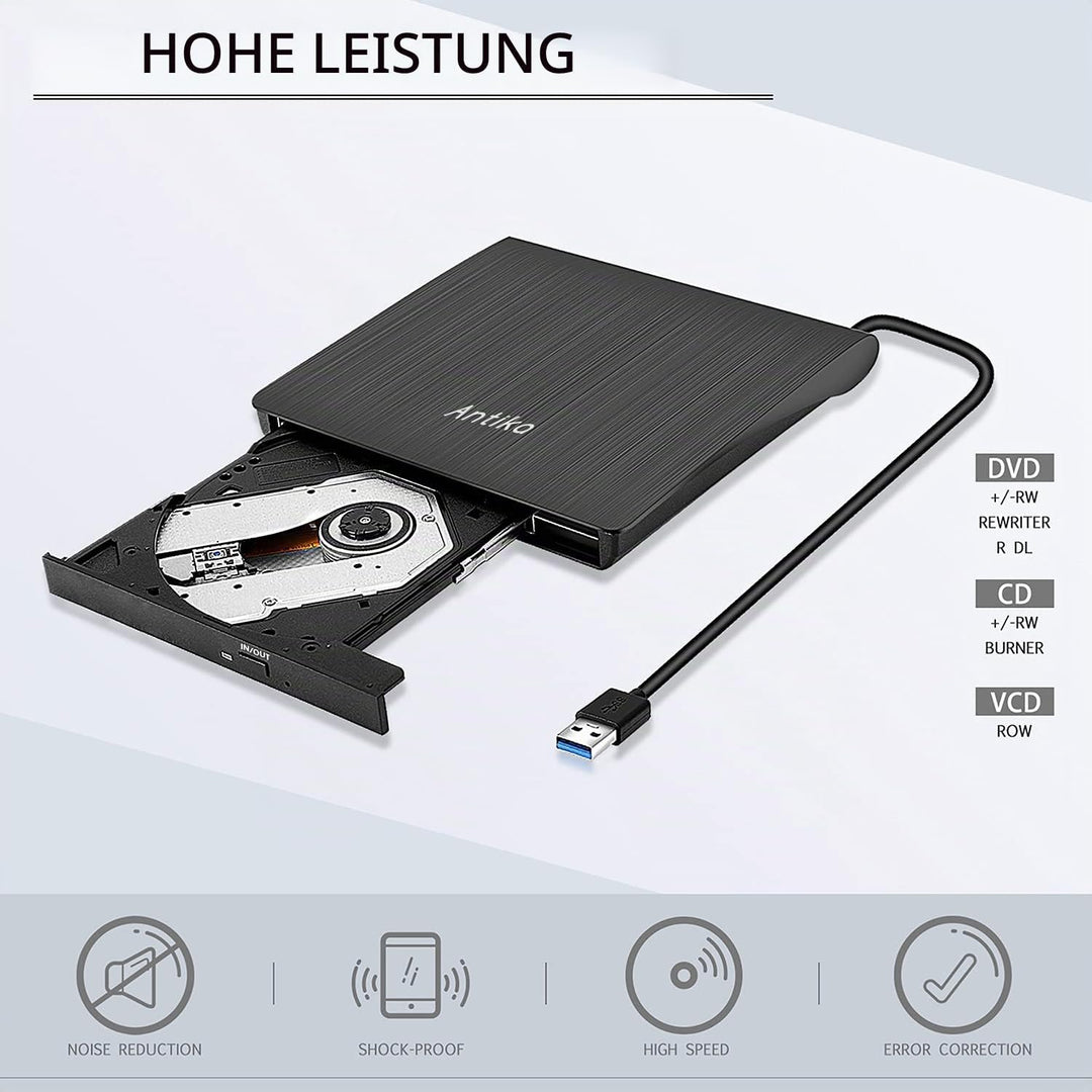 Antika Externer DVD-/CD-Brenner mit externem CD-Laufwerk USB 3.0 DVD +/- RW CD +/- RW tragbares Kart