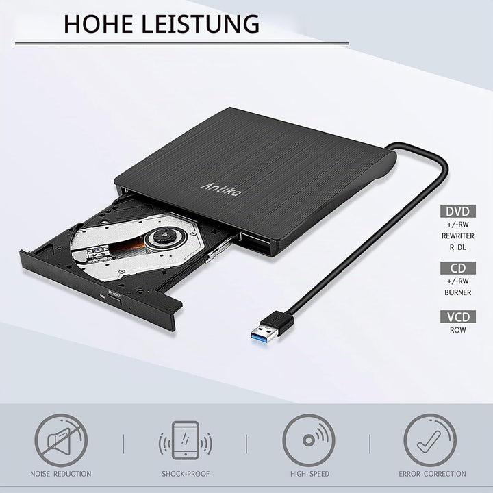Antika Externer DVD-/CD-Brenner mit externem CD-Laufwerk USB 3.0 DVD +/- RW CD +/- RW tragbares Kart