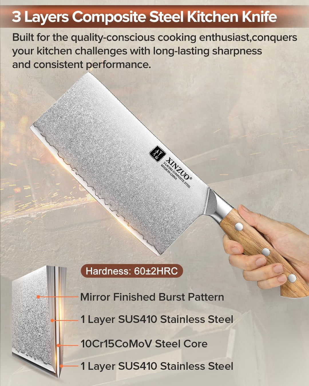 XINZUO 18cm Verbundstahl Hackmesser, Profi Chinesisches Kochmesser Handgeschmiedet Multifunktions Ch