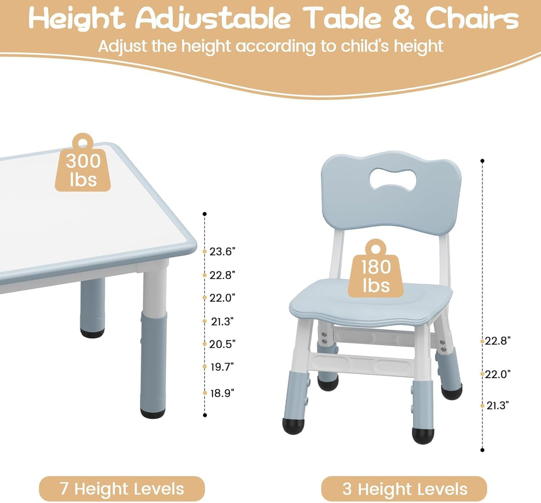 Kindertisch Mit 4 Stühlen, Höhenverstellbare Kinder Tisch Stuhl Set Mit 80x60cm Abwischbarer Tischpl