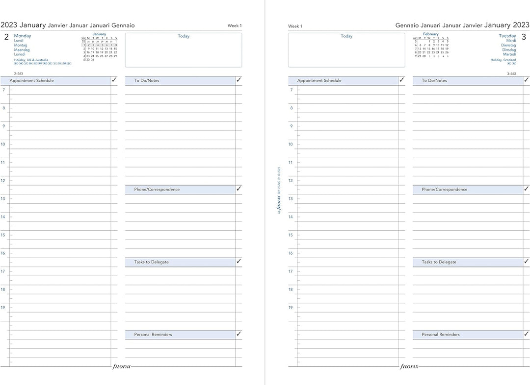 Filofax Terminplaner 2023, DIN A4, 5 Sprachen, Terminplaner, 1 Tag pro Seite, White, 23-68719 Single