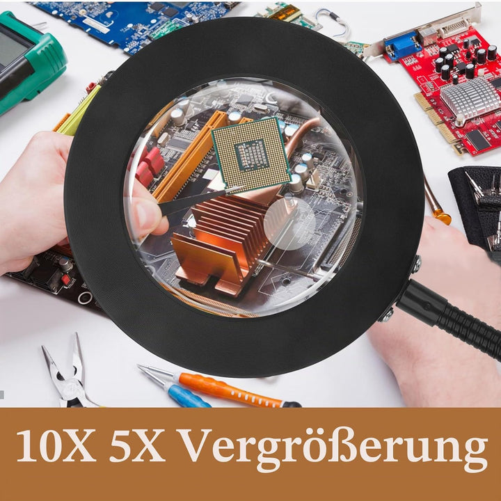 Lupe mit Licht und Ständer 5X 10x, Dimmbare Lupe mit Licht mit 36 LED, Verstellbare Lupenleuchte mit