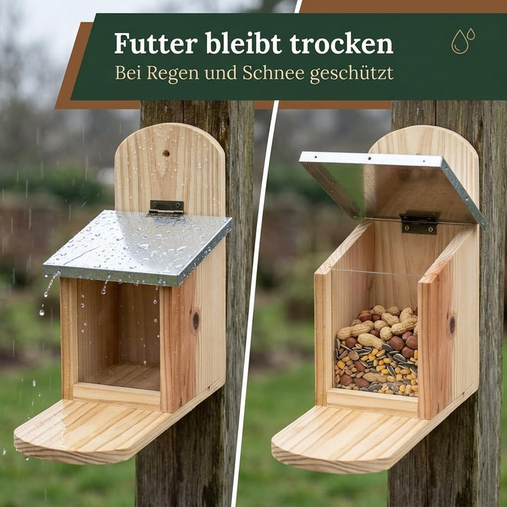 MIJOMA Futterstation für Eichhörnchen – mit Metall-Klappdeckel – aus Tannenholz – für Garten, Balkon